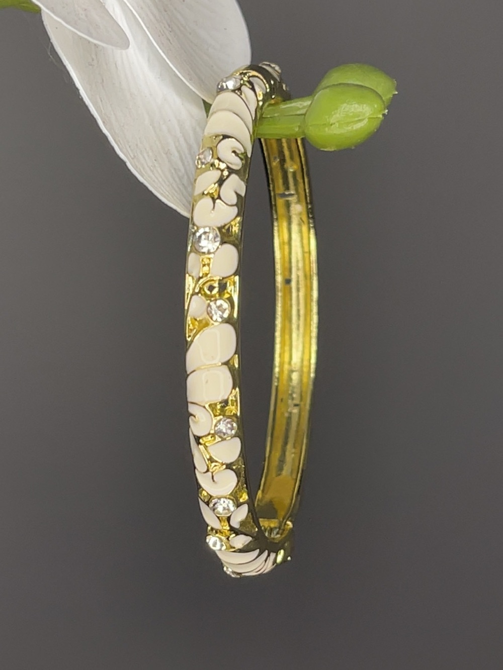 Gold-Tone Bracelet with Cream Enamel and Crystal Accents